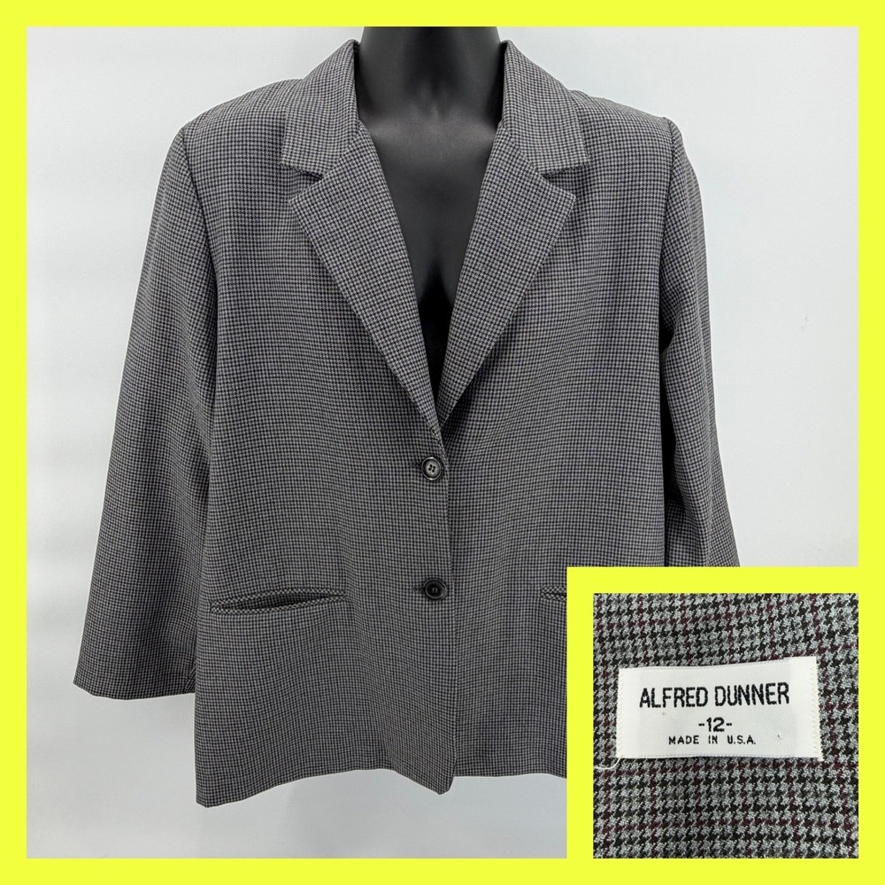 Vintage Alfred Dunner Blazer Jacket Size 12 Houndstooth Plaid Made in USA Grey
